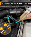 SOWKIPE 200CC manual fluid extractor pump with two hoses; hand-held oil evacuation syringe used under car hood.