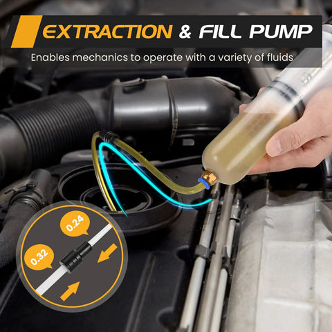 SOWKIPE 200CC manual fluid extractor pump with two hoses; hand-held oil evacuation syringe used under car hood.