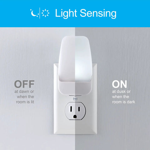 Plug In Wall Night Lights With Dusk To Dawn Sensor Ambient Cool White Lighting For Bedroom And Bathroom Decor Dorm Room Essentials Smart Home Ready Two Pack, showing light-sensing feature with off and on modes.
