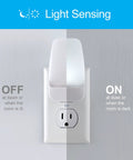 Plug In LED Night Lights With Dusk To Dawn Sensor Ambient Bedroom Glow, shows light-sensing operation, white design in socket.