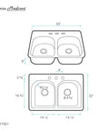 Diagram of Open Concept Dual Basin Top Mount Kitchen Sink 33 x 22 Inches, 20-Gauge Stainless Steel, Rear Center Drain, 8 Inch Deep