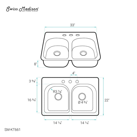 Diagram of Open Concept Dual Basin Top Mount Kitchen Sink 33 x 22 Inches, 20-Gauge Stainless Steel, Rear Center Drain, 8 Inch Deep
