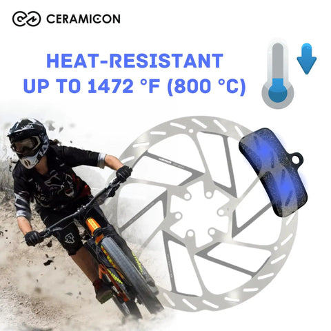 Cyclist with Heavy-Duty 4-Piston E-Bike Brake Pads With Metallic Ceramic Compound next to large disc brake, heat-resistant 1472°F.