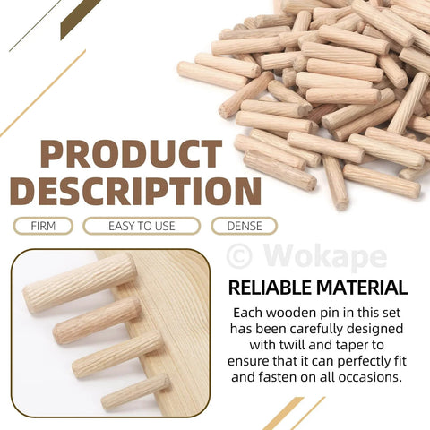 508 Piece Wooden Dowel Pin Set With Center Points In Four Sizes One Quarter Inch, Five Sixteenth Inch, Three Eighth Inch And One Half Inch Beveled Ends Solid And Hollow Dowel Pins For Furniture Repair And DIY Projects displayed.