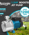1.2 HP Smart Control Booster Jet Pump For Home, Garden, And Farm Irrigation, 1200 GPH At 115V, Stainless Steel Shallow Well Pump With Auto On Off
