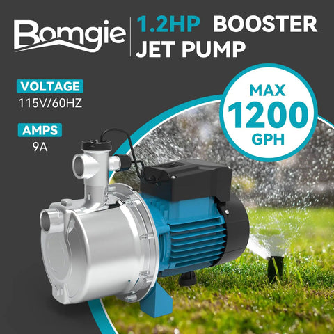 1.2 HP Smart Control Booster Jet Pump For Home, Garden, And Farm Irrigation, 1200 GPH At 115V, Stainless Steel Shallow Well Pump With Auto On Off