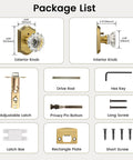 Package list of Vintage Crystal Glass Door Knobs Interior Privacy For Bedroom And Bathroom Antique Brass Locksets, shown with parts.