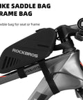 Waterproof 0.6L Bike Saddle Bag And Frame Bag mounted on bike frame, black-grey, rainproof zippers, durable storage for essentials.