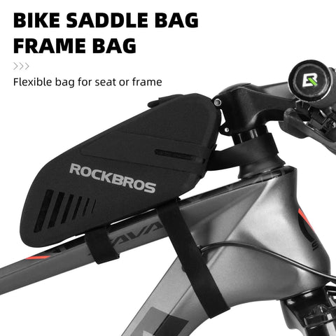 Waterproof 0.6L Bike Saddle Bag And Frame Bag mounted on bike frame, black-grey, rainproof zippers, durable storage for essentials.