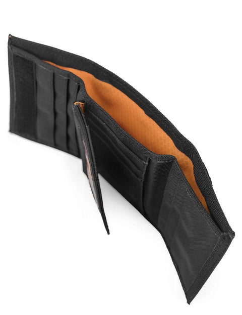 Open Cordura Nylon RFID Trifold Wallet With ID Window Black 13 Card Pockets Large Cash Billfold RFID Blocking Tech Built For Everyday Hustle And Everyday Carry, showing interior compartments.
