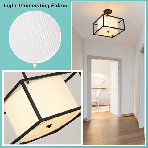 Dope Modern Semi Flush Mount Ceiling Light With Fabric Drum Shade And Black Metal Frame in a hallway setting