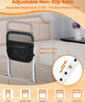 Heavy Duty Bed Assist Rail For Seniors Adjustable Side Rail with storage bag on a mattress showing height measurements.