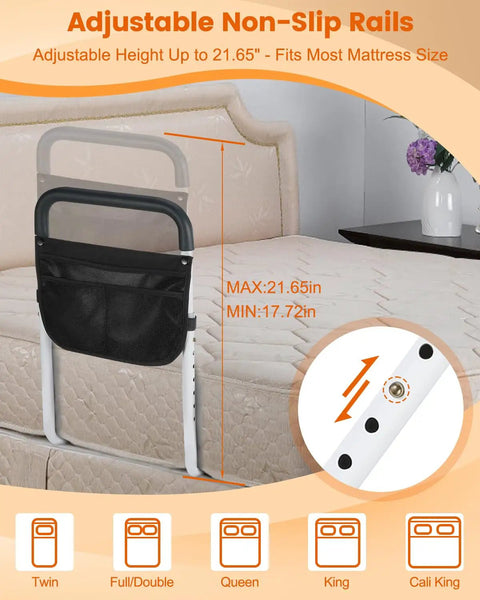 Heavy Duty Bed Assist Rail For Seniors Adjustable Side Rail with storage bag on a mattress showing height measurements.