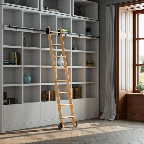 Rolling Library Ladder Kit With Telescopic Upper Roller For Loft Stairs And Bookshelves 3.3ft Sliding Track mounted on white bookshelf