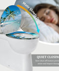 Durable Resin Round Toilet Seat Cover Adorned With Tropical Beach Thatched Roof Umbrella Graphics Quick Release Pins Smooth Self Closing Lids shown with quiet closing feature.