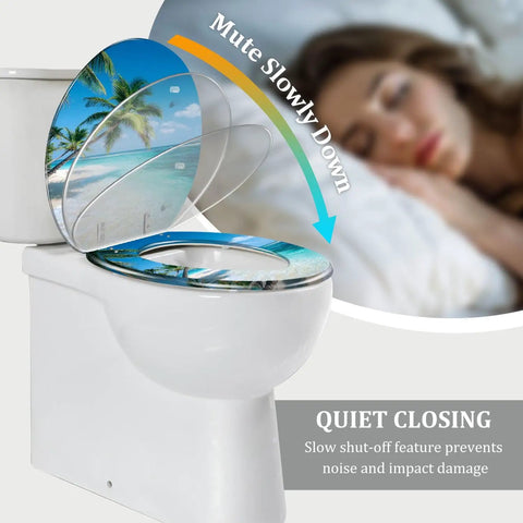 Durable Resin Round Toilet Seat Cover Adorned With Tropical Beach Thatched Roof Umbrella Graphics Quick Release Pins Smooth Self Closing Lids shown with quiet closing feature.