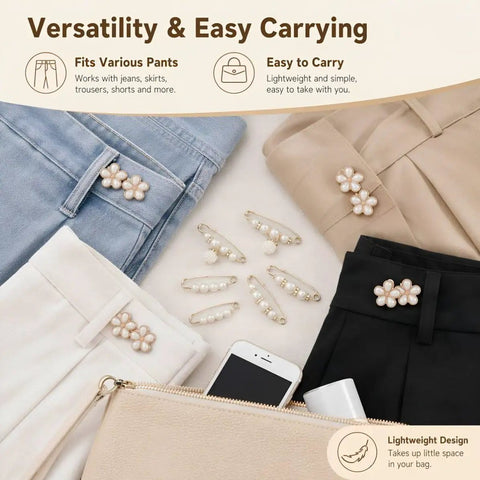 8 Piece Pearl Waist Tightener Pins For Loose Jeans And Pants Belt Alternative Clip Decorative Alloy Brooch Quick Fix displayed with trousers.