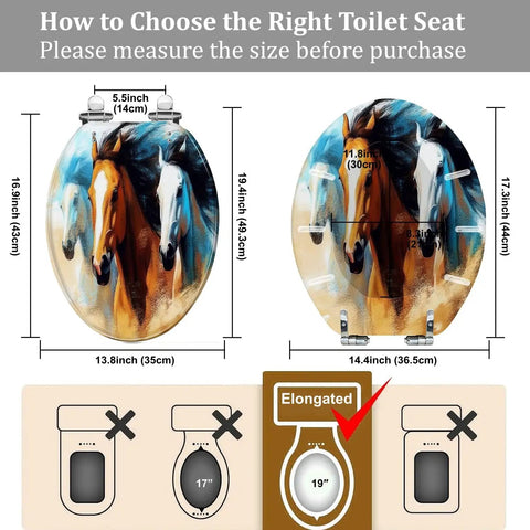 Elongated Decorative Toilet Seat for Bathroom with horse design, measures 14.4" x 19.4", fitting standard toilets.
