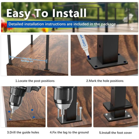 Installation guide steps for Built Tough 42 Inch Modular Cable Railing Corner Post, showing marking and drilling process.