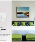 Single Pole Rotating Dimmer Switch With Rotary On Off, shown on wall, with bedroom background, UL Listed, Model 18021