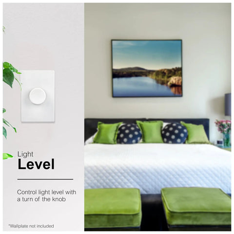 Single Pole Rotating Dimmer Switch With Rotary On Off, shown on wall, with bedroom background, UL Listed, Model 18021