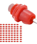 Real Deal 100 Pack Stainless Steel Poultry Water Nipplers With Heavy Duty Screw Mount Base For Backyard Chickens And Farm Flock Smooth Operation 360 Splash Free Drinking Auto Fill Setup showing red poultry nipplers.