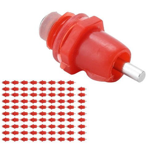 Real Deal 100 Pack Stainless Steel Poultry Water Nipplers With Heavy Duty Screw Mount Base For Backyard Chickens And Farm Flock Smooth Operation 360 Splash Free Drinking Auto Fill Setup showing red poultry nipplers.
