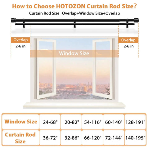 Diagram showing curtain rod overlap and window size guide, related to Heavy Duty Telescoping Double Curtain Rod For Windows 72 To 144 Inches