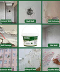 Collage showing various wall damages with a Drywall Patch Repair Kit, 18 Oz Spackle Wall Repair Paste in center, indoor outdoor use.