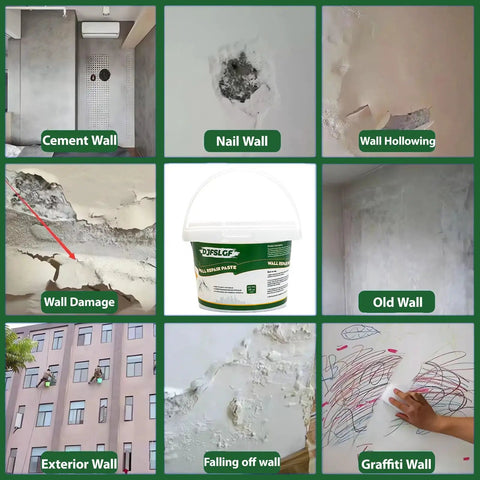 Collage showing various wall damages with a Drywall Patch Repair Kit, 18 Oz Spackle Wall Repair Paste in center, indoor outdoor use.