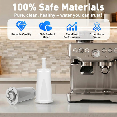 Top Notch 6 Pack Water Filter Replacement For Breville Espresso Machine Barista Touch Oracle Pro Double Boiler Systems Easy Twist Install, showing filter cartridges next to espresso machine.