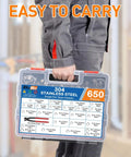 Person carrying 650 Piece Single Ear Hose Clamp Kit With Ear Pincer, 17 Sizes Ranging 5.3mm To 33.1mm, 304 Stainless Steel Crimp Clamps.