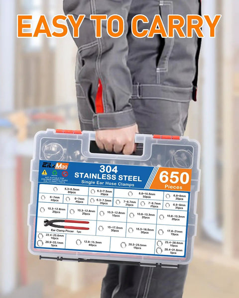 Person carrying 650 Piece Single Ear Hose Clamp Kit With Ear Pincer, 17 Sizes Ranging 5.3mm To 33.1mm, 304 Stainless Steel Crimp Clamps.