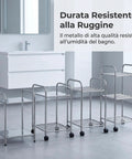 Four metal storage racks on wheels displayed in a bathroom setting. Metal Storage Rack On Wheels Floor Standing Movable Shelving Unit For Easy Organization Rust Resistant Go-To Organizer For Bathroom Laundry Kitchen And Small Apartments