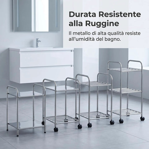 Four metal storage racks on wheels displayed in a bathroom setting. Metal Storage Rack On Wheels Floor Standing Movable Shelving Unit For Easy Organization Rust Resistant Go-To Organizer For Bathroom Laundry Kitchen And Small Apartments
