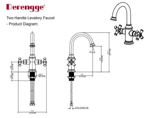 Diagram of Matte Black Two Handle Bathroom Sink Faucet With 360 Degree Swivel Spout For 1 Hole Vanities Drip Free Ceramic Cartridge