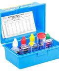 Five Way Pool Test Kit for pH, Chlorine, Bromine, Alkalinity, DIY Water Testing with clear view block and color chips in blue case