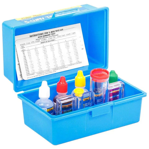 Five Way Pool Test Kit for pH, Chlorine, Bromine, Alkalinity, DIY Water Testing with clear view block and color chips in blue case