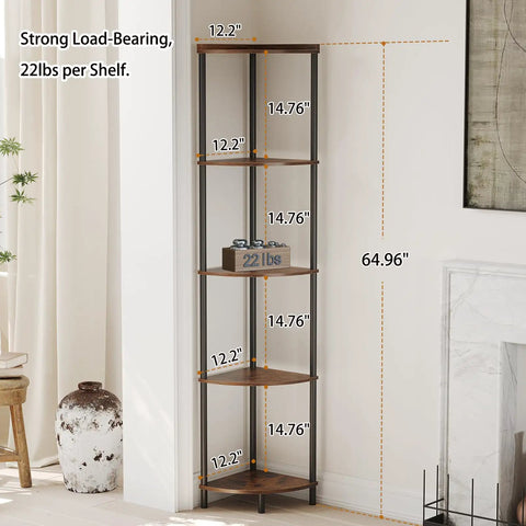 Five Tier Corner Shelving Unit Super Sturdy Storage Rack, 65 inches tall, fits snugly in tight spaces, perfect for living room or office.
