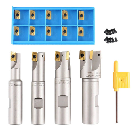 4 Piece 90 Degree Indexable End Mill Set With APKT11T3 Inserts For Steel Stainless Cast Iron And Aluminum Milling, Cutter Diameters One Half Inch, Five Eighths Inch, Three Quarters Inch And One Inch, Features Square Shoulder Face And Side Milling