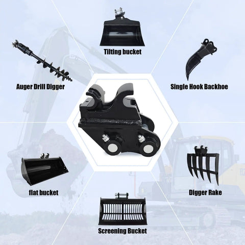 Heavy Duty Quick Coupler For Mini Excavators Under Three Tons Easy Quick Change Hitch Attachment with various attachments shown including tilting bucket, auger drill digger, and rake; black finish.