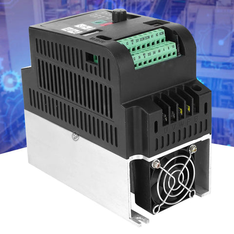 2.2kW VFD Inverter For Textile Machinery With PID Synchronized Control High Speed Spindles Textile Frequency Swing Function Three Control Modes Duty Ready Performance For Precise Voltage Temperature And Tension, front view with cooling fan and terminals