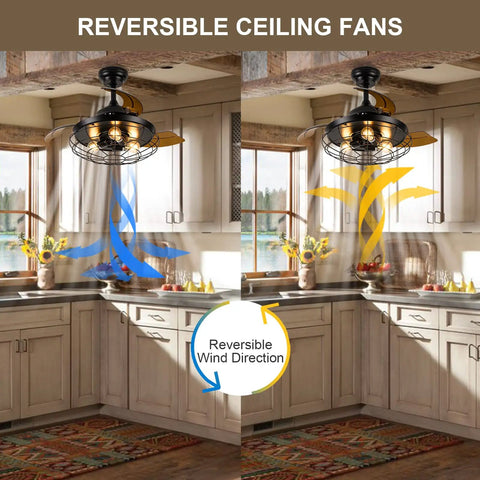 Farmhouse Rustic 36 Inch Ceiling Fan With Lights, DC Motor, in kitchen showing reversible wind direction arrows