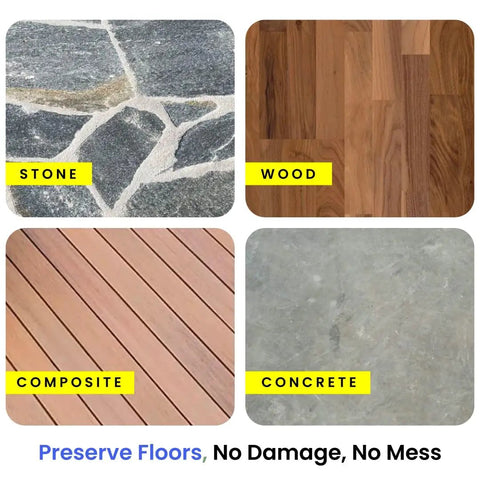 Four different flooring types: stone, wood, composite, and concrete, with text 'Preserve Floors, No Damage, No Mess'.