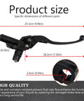 Seven Eighths Inch Left Hand Hydraulic Brake Lever Master Cylinder Fits Most 50cc To 250cc ATVs Quads Dirt Bikes Mopeds Scooters Replacement Part For Chinese Made Bikes, showing product dimensions and measurements in red lines.