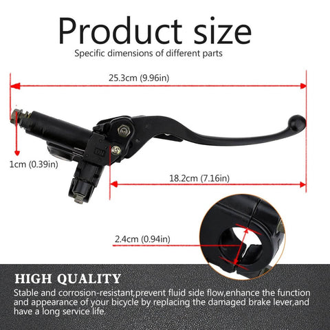 Seven Eighths Inch Left Hand Hydraulic Brake Lever Master Cylinder Fits Most 50cc To 250cc ATVs Quads Dirt Bikes Mopeds Scooters Replacement Part For Chinese Made Bikes, showing product dimensions and measurements in red lines.
