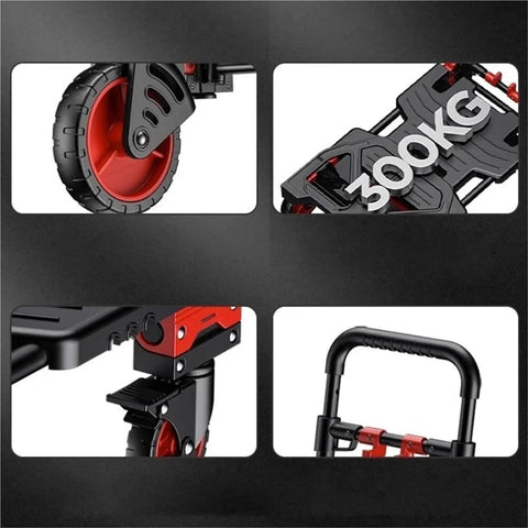 Heavy Duty Folding Flatbed Hand Truck Dolly For Moving Heavy Loads Portable Platform Cart With Easy Fold Storage Lightweight Durable Design For Home Garage Or Job Site Use, red 300kg folding cart wheel close-up