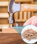 Top Shelf Wooden Dowel Pins Featuring Fluted Hardwood Rods For Furniture Repairs And Craft Builds Supplies Ninety Pieces in use with a hammer.