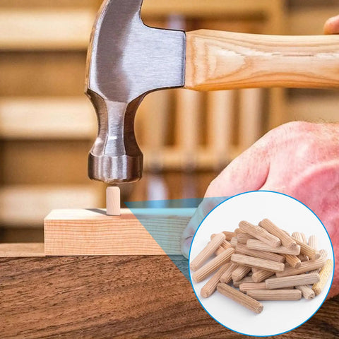 Top Shelf Wooden Dowel Pins Featuring Fluted Hardwood Rods For Furniture Repairs And Craft Builds Supplies Ninety Pieces in use with a hammer.