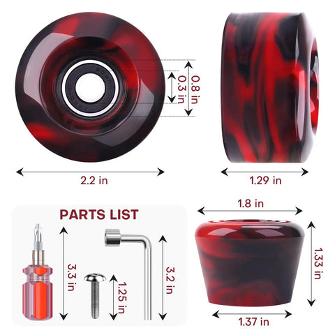 8 Pack 32x58 Quad Roller Skate Wheels With Bearing Installed And 2 Toe Stoppers For Double Row Skating Replacement Accessories For Outdoor Or Indoor Use 82A Hardness Durable Wheels For Smooth Ride showing red wheel dimensions and parts list